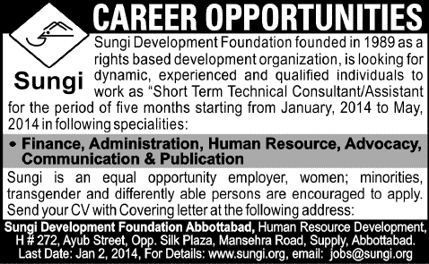 Sungi Development Foundation Abbottabad Jobs December 2013 2014 for Short Term Technical Consultant / Assistants