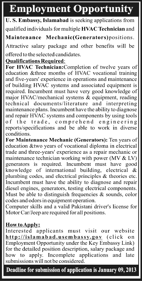 US Embassy Islamabad Jobs December 2013 2014 for HVAC Technician & Maintenance Mechanic (Generators)