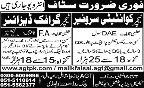 Teachers for Quantity Surveyor, Graphic Designer Jobs in Rawalpindi 2013 December at AGT Institute