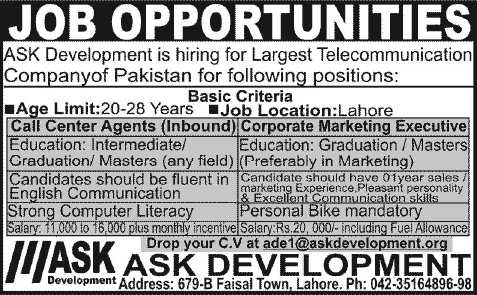 Call Center Agents & Corporate Marketing Executive Jobs in Lahore 2014 2013 December at ASK Development