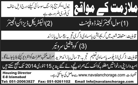 Civil / Electrical Design Engineer & Quantity Surveyor Jobs in Islamabad 2014 2013 December at Naval Anchorage Housing Society