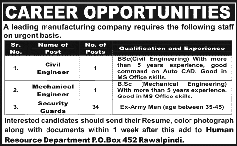 Security Guards & Civil / Mechanical Engineer Jobs in Rawalpindi 2014 2013 December at PO Box 452