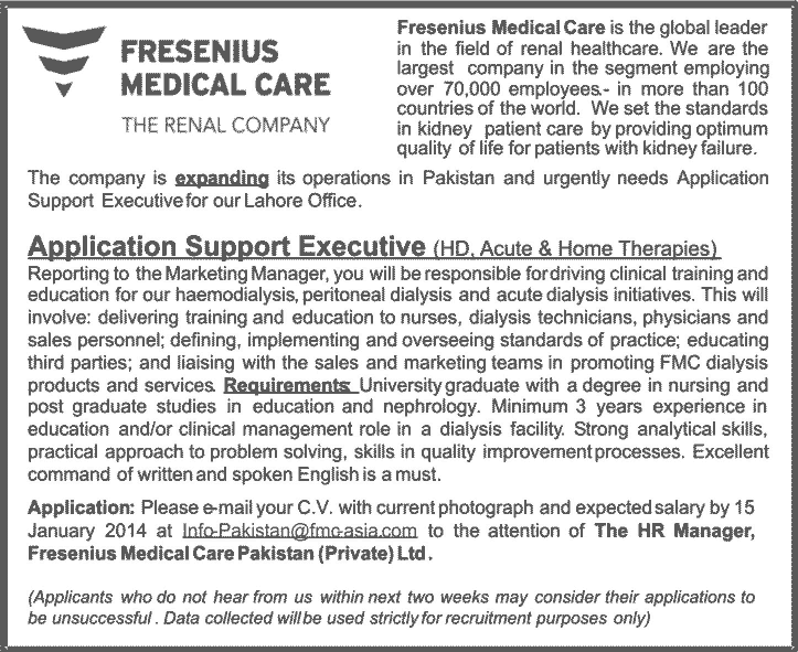Fresenius Medical Care Jobs in Lahore 2014 2013 December for Support Executive