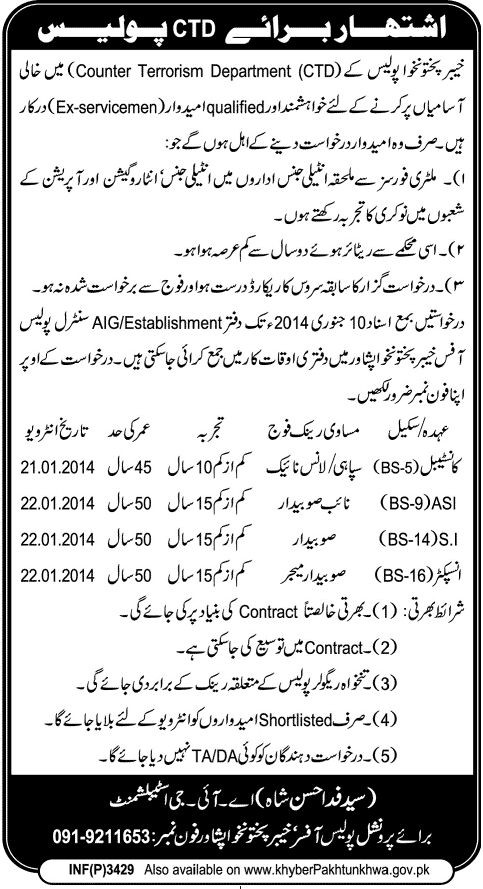 KPK Police Jobs January 2014 for Ex Servicemen in Counter Terrorism Department (CTD)