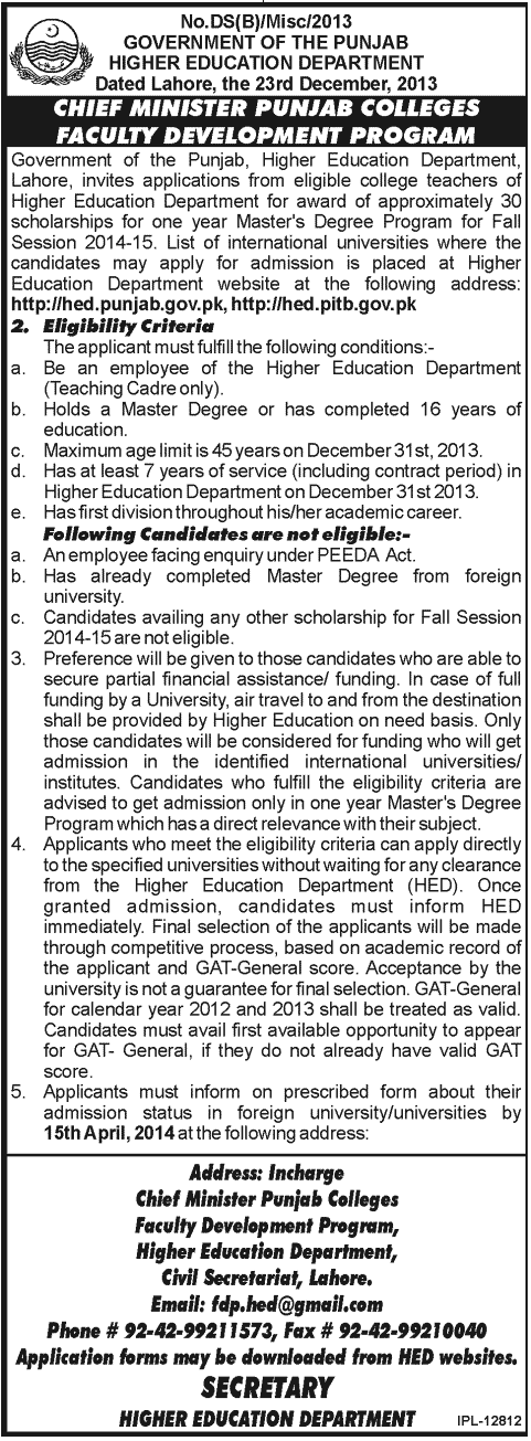 Higher Education Department International Scholarships for Teachers in Punjab for Session 2014-15