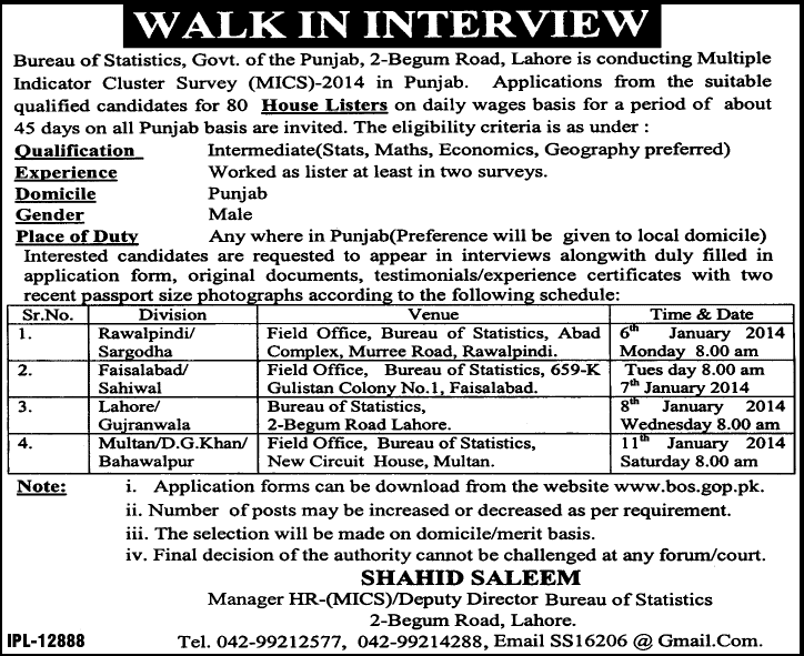 House Listers Jos in Bureau of Statistics Punjab 2014 for Multiple Indicator Cluster Survey (MICS)