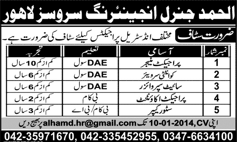 Store Keeper, Accountant & Civil Engineering Jobs in Lahore 2014 at Al-Hamd General Engineering Services