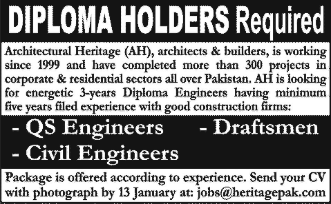Quantity Surveyor, Draftsmen & Civil Engineers Jobs in Lahore 2014 at Architectural Heritage (AH)