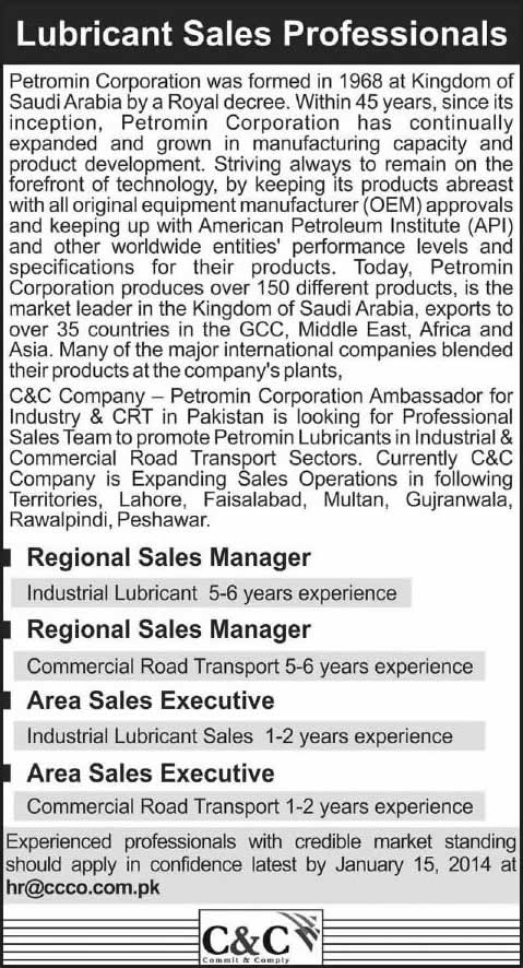 C&C Company Petromin Corporation Jobs in Pakistan 2014 for Sales Managers & Executives