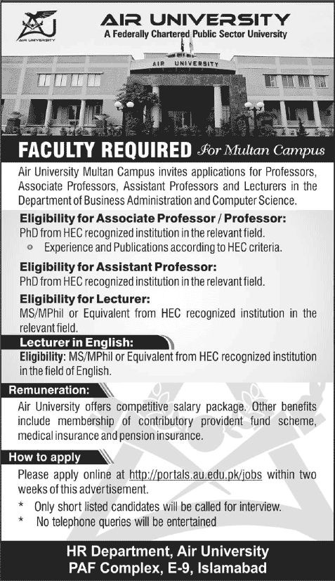 Air University Multan Campus Jobs 2014 for Faculty / Assistant / Associate / Professors / Lecturers