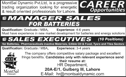 Sales Manager & Sales Executive Jobs in Lahore 2014 at MontSal Dynamic Pvt. Ltd