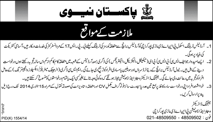 Pakistan Navy Jobs 2014 for Instructors at Ordnance Training School PNAD Mauripur Karachi