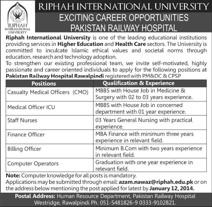 Riphah International University Jobs 2014 at Pakistan Railway Hospital Rawalpindi