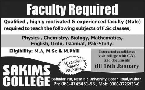 Teaching Faculty Jobs in Multan 2014 at Sakims College