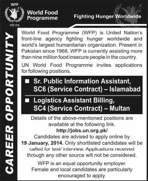 United Nations World Food Program Pakistan Jobs 2014 for Senior Public Information Assistant & Logistics Assistant Billing
