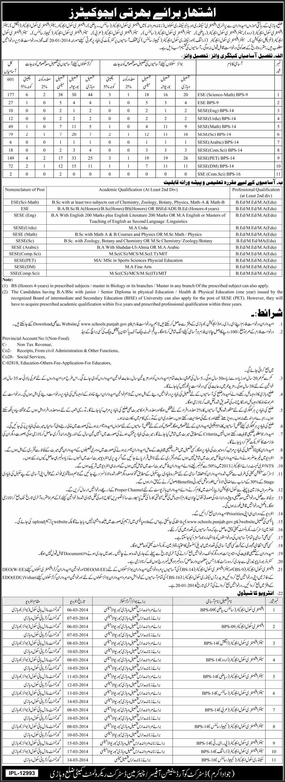 Senior / Secondary / Elementary School Educators Jobs in Vehari 2014 Punjab School Education Department