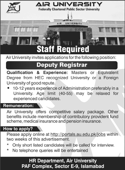 Air University Islamabad Jobs 2014 for Deputy Registrar