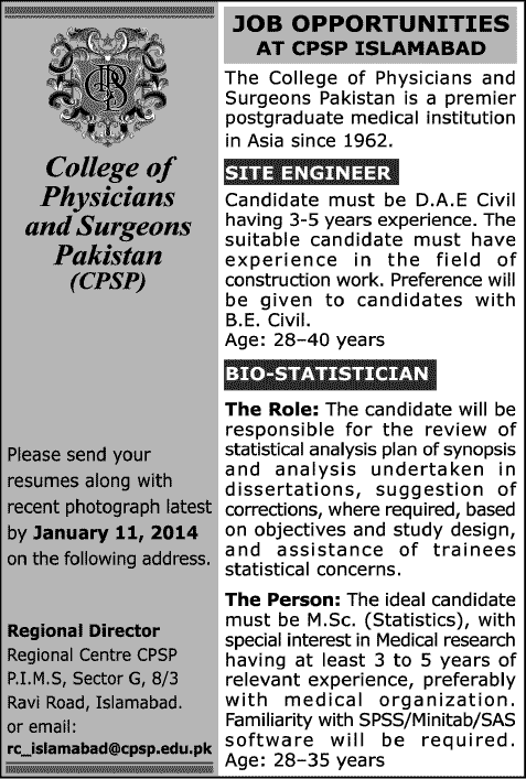 Bio-Statistician & Civil Engineer Jobs in Islamabad 2014 at CPSP College of Physicians & Surgeons Pakistan