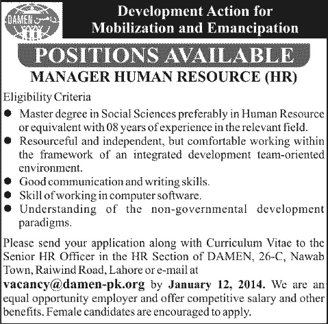 HR Manager Jobs in Lahore 2014 at DAMEN Development Action for Mobilization & Emancipation