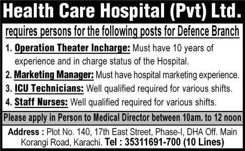 Health Care Hospital (Pvt.) Ltd Karachi Jobs 2014 for Operation Theater Incharge, Marketing Manager, ICU Technicians & Staff Nurses