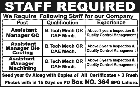 Latest Mechanical Engineering Jobs in Lahore 2014 at PO Box 364 GPO
