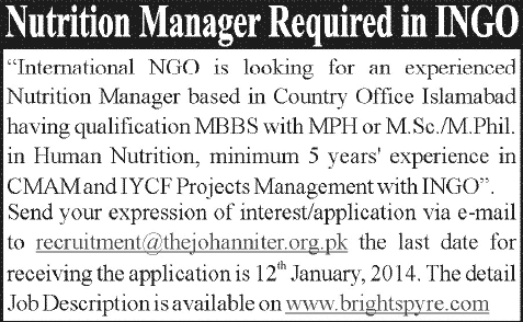 Nutrition Manager Jobs in Islamabad 2014 for International NGO Johanniter International Assistance