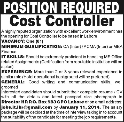 Cost Controller Jobs in Lahore 2014 PO Box 983 GPO