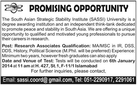 Research Associate Jobs in Pakistan 2014 for The South Asian Strategic Stability Institute (SASSI) University