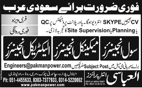 Engineering Jobs in Saudi Arabia 2014 for Pakistanis through Al-Abbasi Enterprises