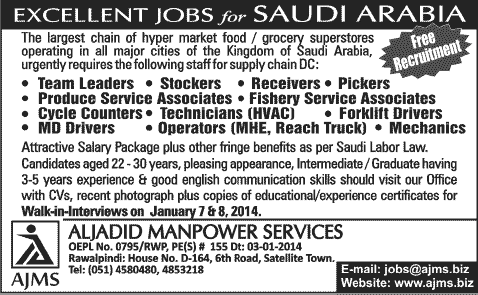 Food / Grocery Superstores Jobs in Saudi Arabia 2014 through Al-Jadid Manpower Services
