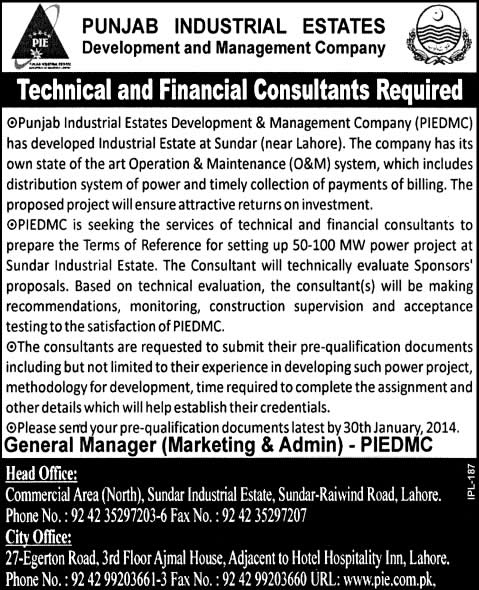 Power Project Consultant  Jobs in Pakistan 2014 for Punjab Industrial Estates Development & Management Company