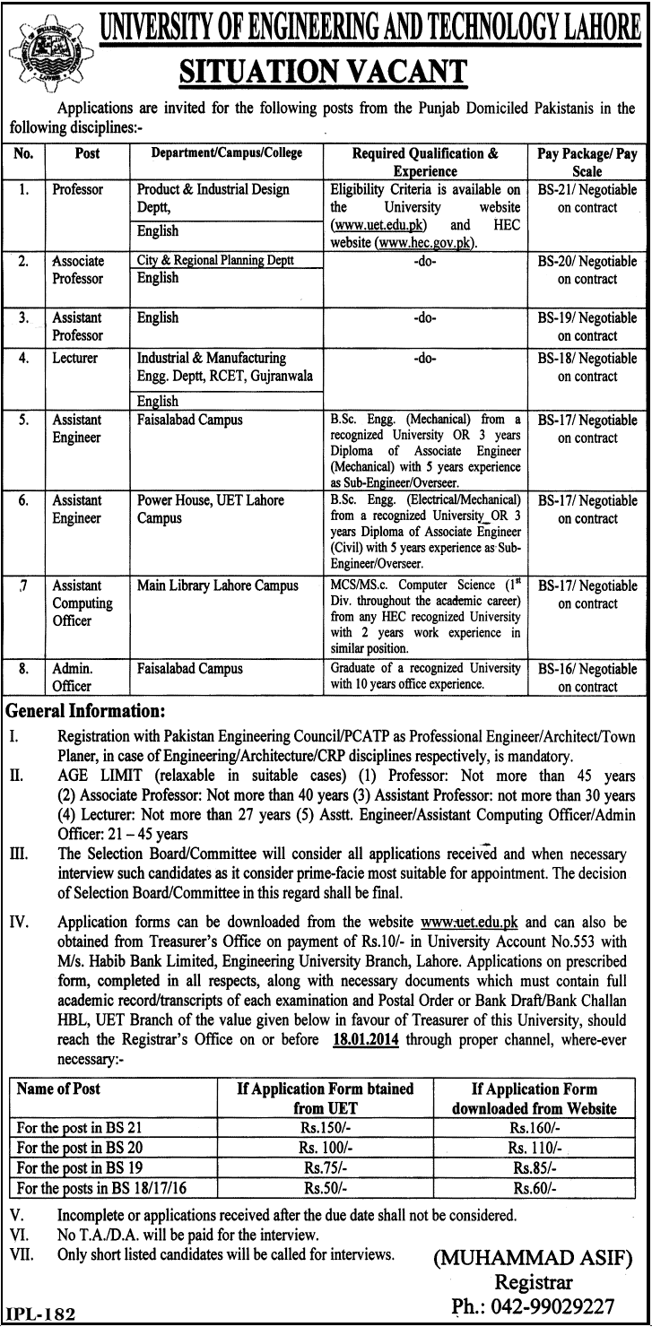 UET Jobs 2014 Latest for Faculty & Administrative Staff