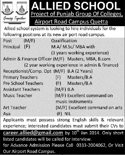 Administrative & Teaching Jobs in Quetta 2014 at Allied School Airport Road Campus
