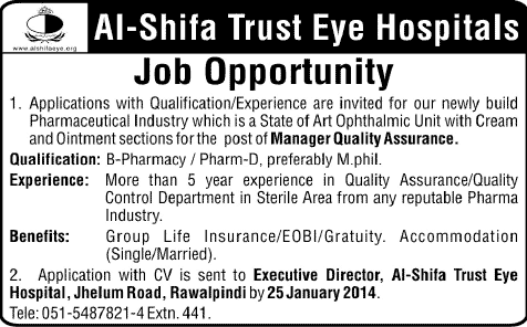 Al Shifa Trust Eye Hospital Rawalpindi Jobs 2014 for Manager Quality Control