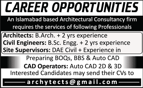 CAD Operators, Architects & Civil Engineer Jobs in Islamabad 2014 for Architectural Consultancy Firm