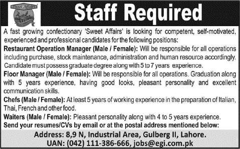 Restaurant Manager, Floor Manager, Chefs & Waiters Jobs in Lahore 2014 at Sweet Affairs' Confectionary