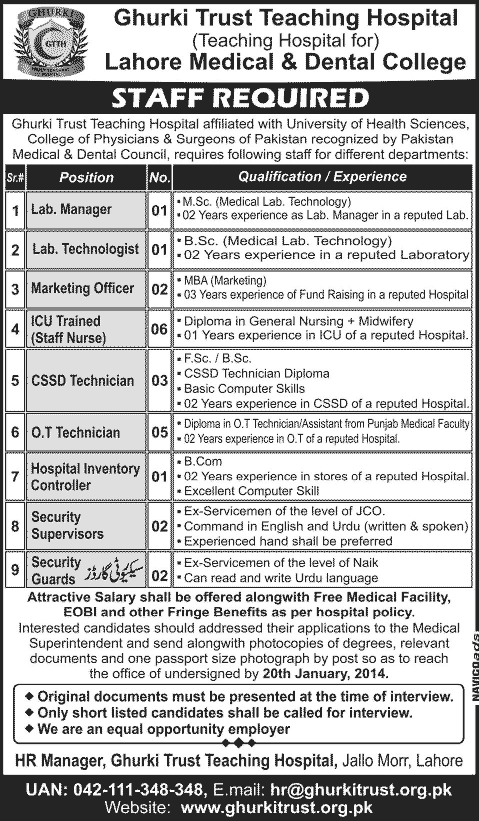 Ghurki Trust Teaching Hospital Lahore Jobs 2014 for Medical, Paramedical & Administrative Staff