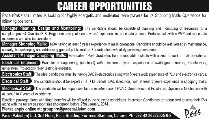 Pace Pakistan Limited Jobs 2014 for Electrical / Electronics / Mechanical Engineers & Managers Shopping Malls