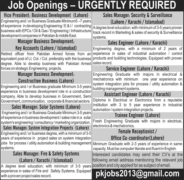 Sales / Marketing, Engineering, Trainee Engineer & Receptionist Jobs in Pakistan 2014