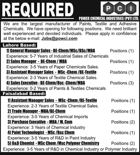 Power Chemical Industries (Pvt.) Ltd Jobs 2014 Latest