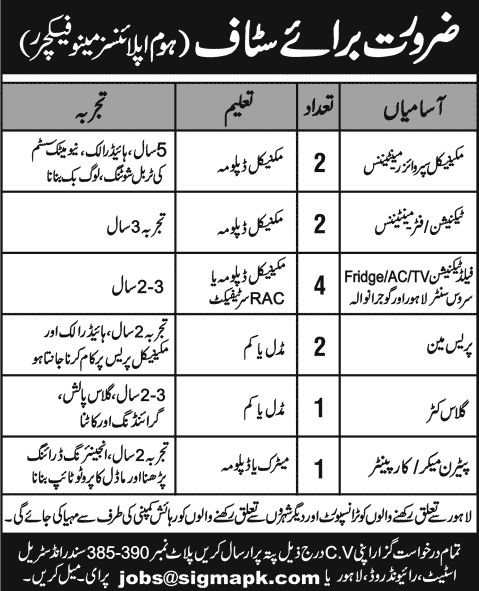 Sigma Refrigeration Lahore Jobs 2014 for Mechanical / RAC Engineers, Pressman, Glass Cutter & Pattern Maker