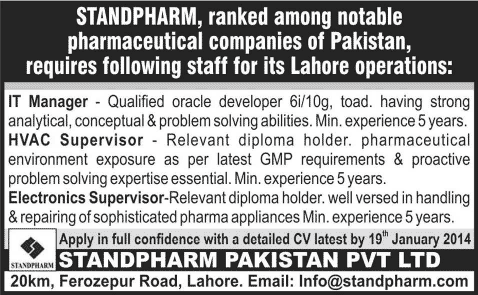 Standpharm Pakistan Pvt. Ltd Lahore Jobs 2014 for IT Manager & HVAC / Electronics Supervisor