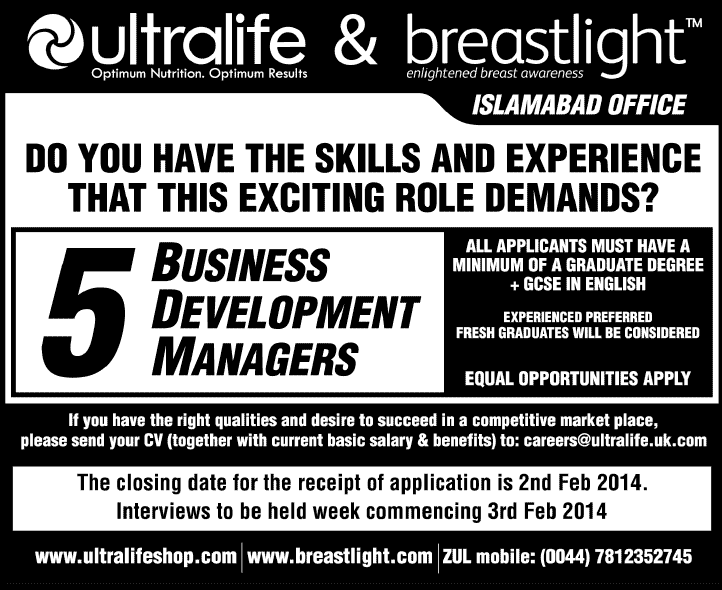 Business Development Manager Jobs in Islamabad 2014 for Ultralife & Breastlight