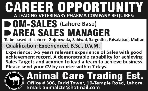 General Manager & Area Sales Manager Jobs in Pakistan 2014 for Animal Care Trading Est.