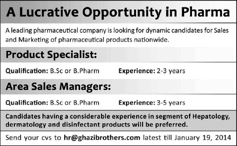 Product Specialist & Area Sales Managers Jobs in Pakistan 2014 for Pharmaceutical Company Ghazi Brothers