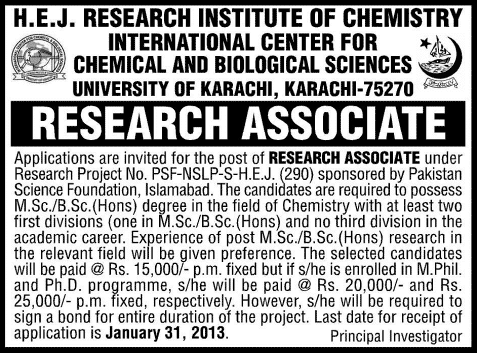 Research Associate Jobs at ICCBS University of Karachi 2014