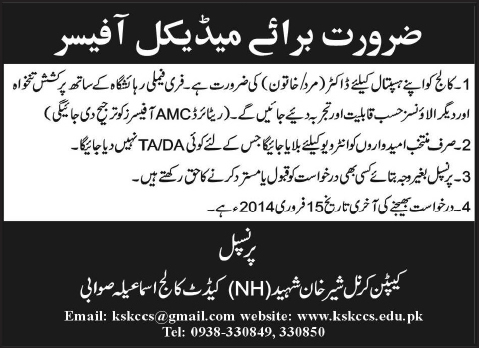 Medical Officer Jobs in Swabi Khyber Pakhtunkhwa 2014 at Karnal Sher Khan Cadet College