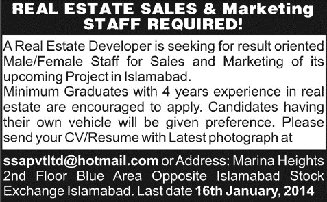 Real Estate Sales and Marketing Jobs in Islamabad 2014 for a Real Estate Developer
