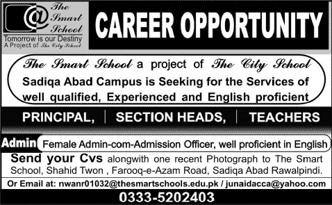 The Smart School Rawalpindi Jobs 2014 for Principal, Section Heads & Teachers