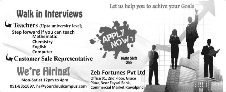Online Teachers & Customer Sales Representative Jobs in Rawalpindi 2014 at Zeb Fortunes (Pvt.) Ltd - Your Cloud Campus